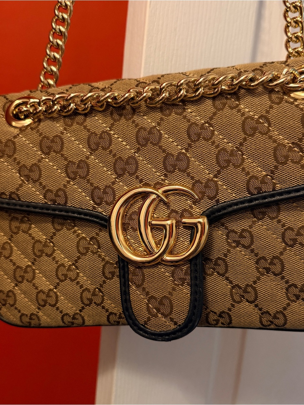 Gucci Beige GG Canvas Shoulder Bag with Black Trim and Gold Hardware